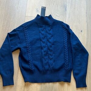 Navy Blue Cable Knit Viscose Blend Turtleneck Sweater